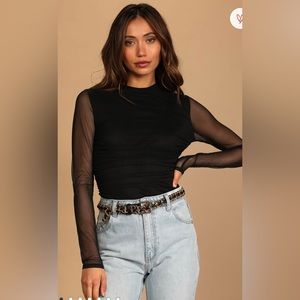 Lulu’s Black Ruched Mesh Long Sleeve Bodysuit — Size extra large— New with tags